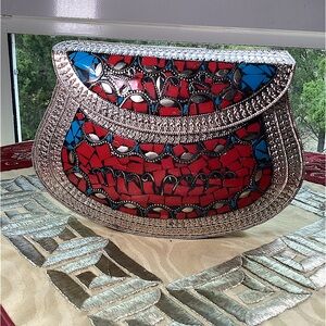 Handmade Mosaic Purse Red Blue & Silver